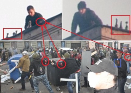 Grupo de personas en el edificio de los sindicatos en Odessa con cocteles molotov. Cintas muy características de un grupo determinado.