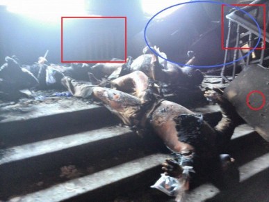 La misma foto que la anterior desde otra perspectiva. Aquí vemos el cubre radiadores de madera que no fue totalmente quemado, y el circulo de color azul muestra las barricadas de sillas y mesas que esta intacto. Posiblemente fueron construidas desde le interior con el fin de impedir escaparse a plantas más altas.