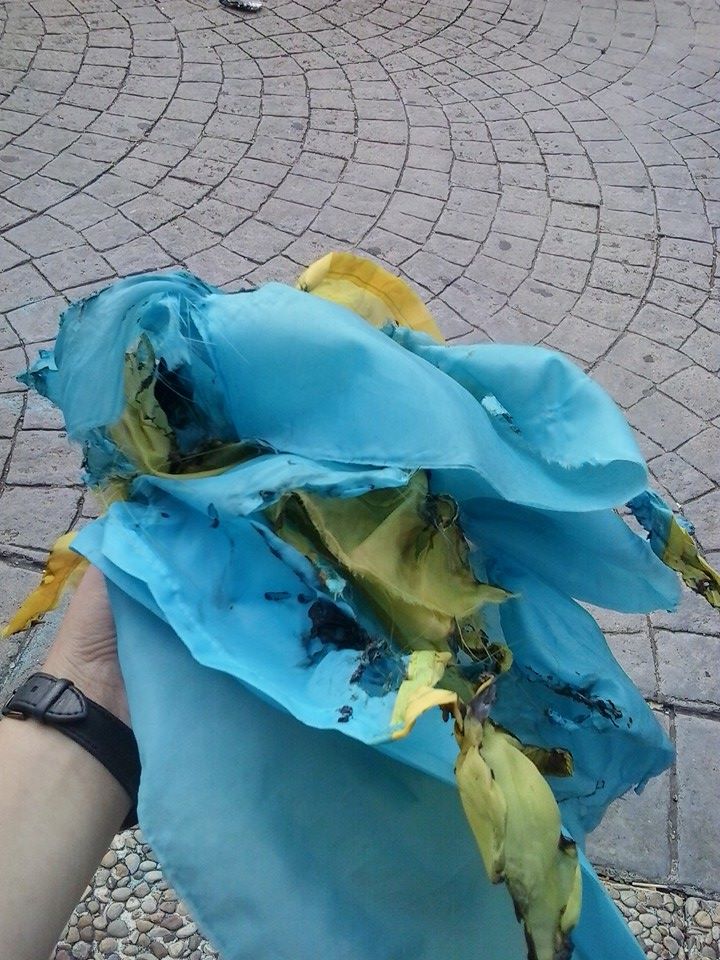 Bandera ucraniana quemada esta mañana en la Universidad Complutense de Madrid