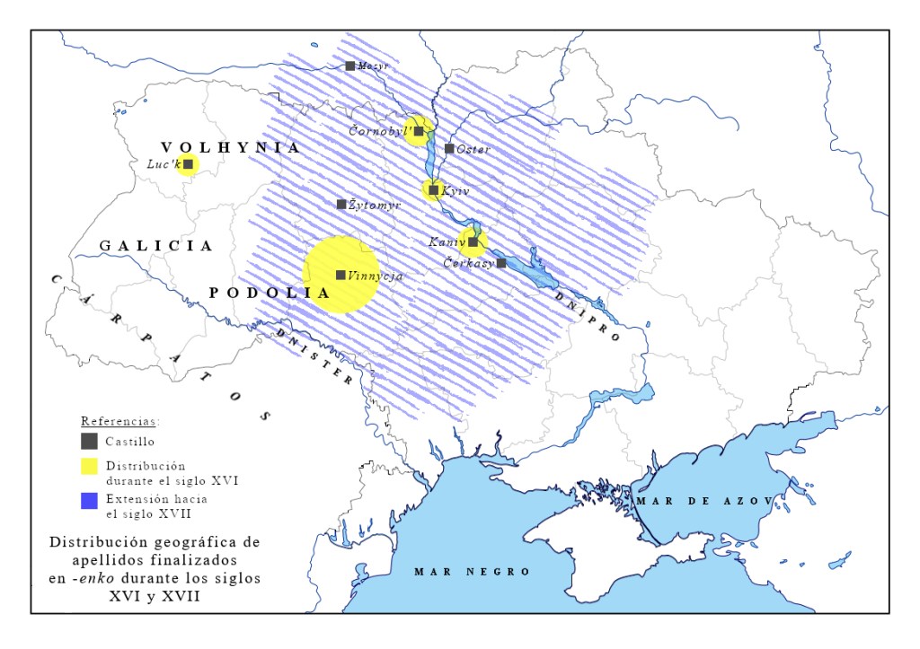 Mapa de distribución del sufijo -enko s. XVI-XVII