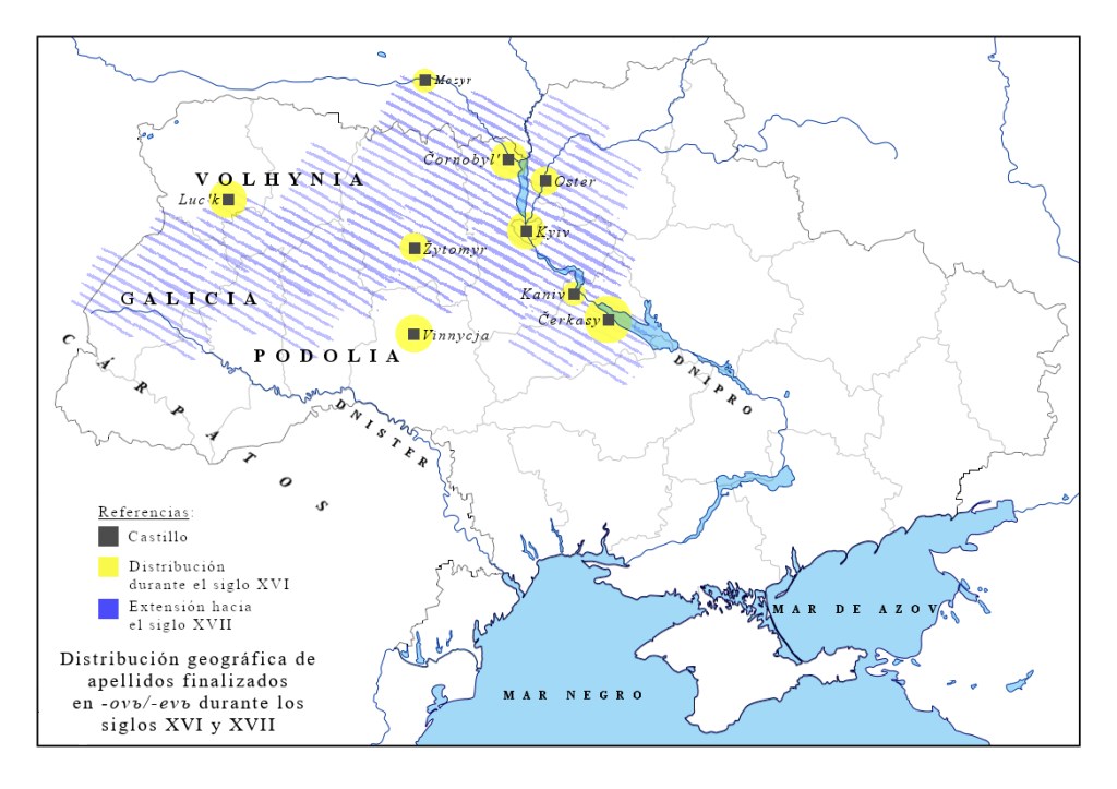 Mapa de distribución del sufijo -ovъ, -evъ s. XVI-XVII