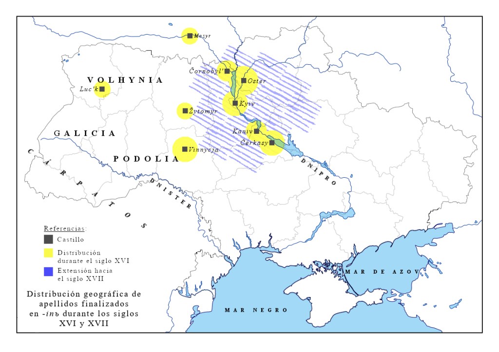 Mapa de distribución del sufijo -inъ s. XVI-XVII