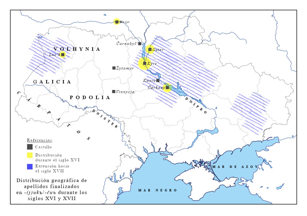 Mapa de distribución del sufijo  -(j)ukъ, -čuъ s. XVI-XVII