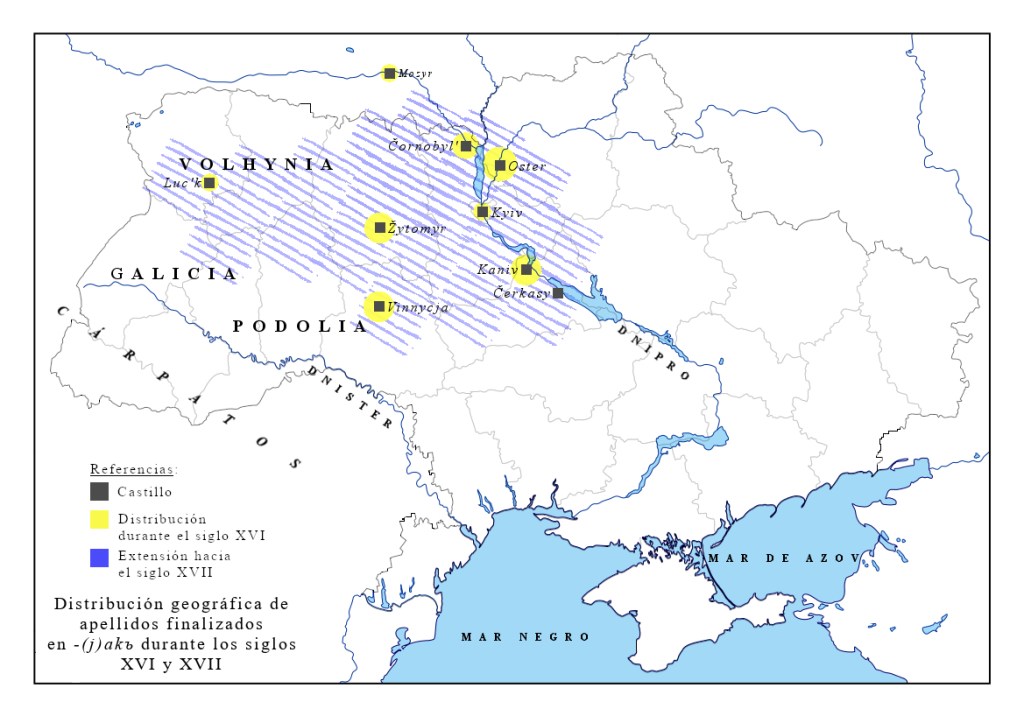 Mapa de distribución del sufijo -(j)akъ s. XVI-XVII